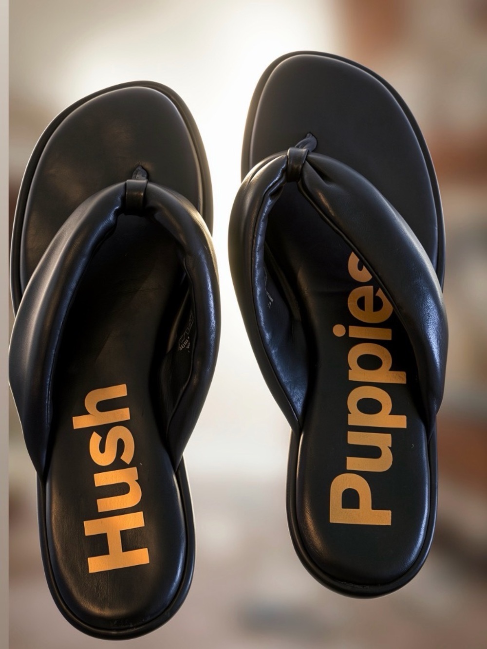 Hush Puppies Black Padded Thong Sandals with Gold Logo